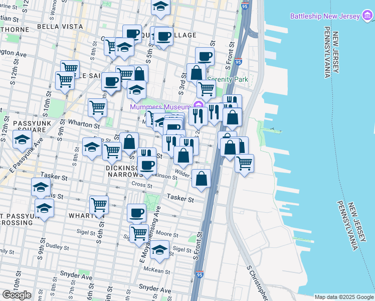 map of restaurants, bars, coffee shops, grocery stores, and more near 213 Earp Street in Philadelphia