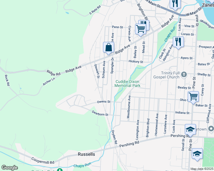 map of restaurants, bars, coffee shops, grocery stores, and more near 554 Schaum Avenue in Zanesville