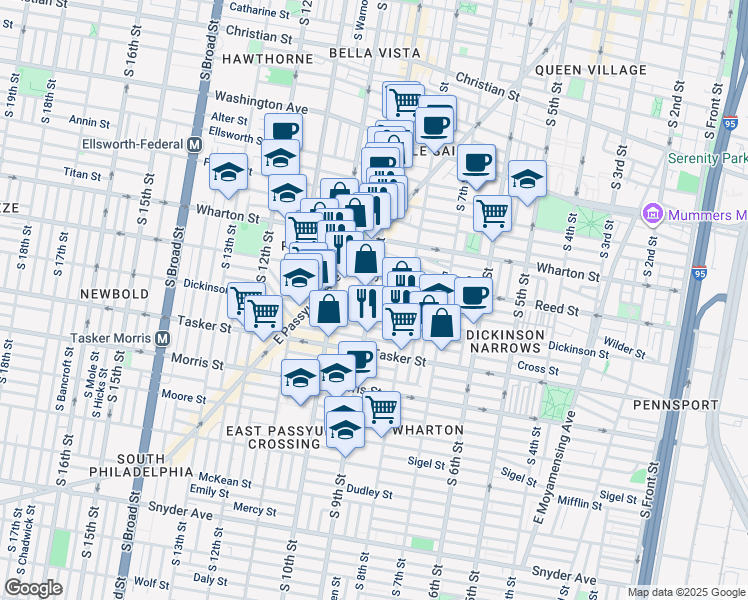 map of restaurants, bars, coffee shops, grocery stores, and more near 1431 South 9th Street in Philadelphia