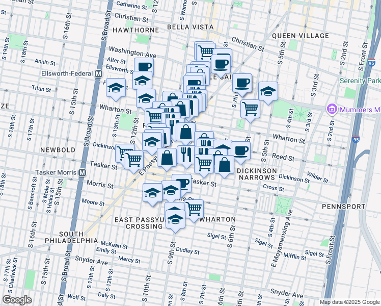 map of restaurants, bars, coffee shops, grocery stores, and more near 1431 South 9th Street in Philadelphia