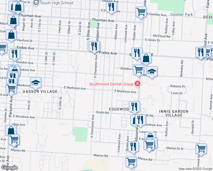 map of restaurants, bars, coffee shops, grocery stores, and more near 1630 Oakwood Avenue in Columbus