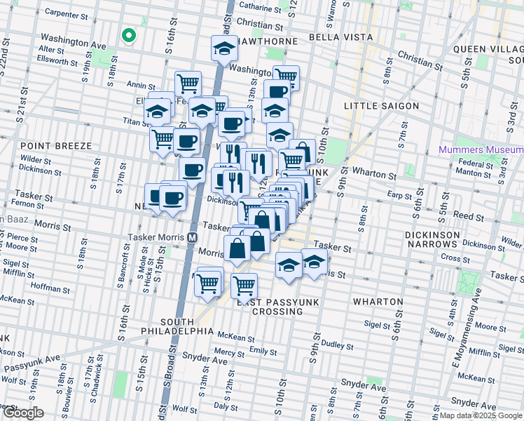map of restaurants, bars, coffee shops, grocery stores, and more near 1501 South 12th Street in Philadelphia