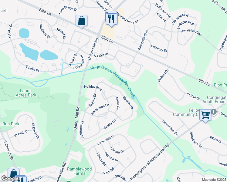 map of restaurants, bars, coffee shops, grocery stores, and more near 29 Bastian Drive in Mount Laurel