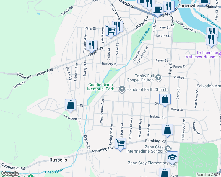 map of restaurants, bars, coffee shops, grocery stores, and more near 637 Dryden Road in Zanesville