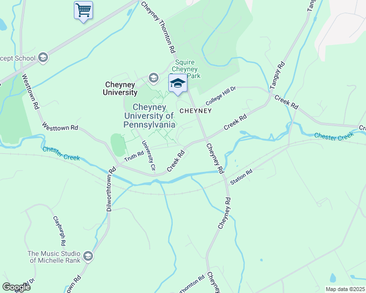 map of restaurants, bars, coffee shops, grocery stores, and more near 1837 University Circle in Cheyney University
