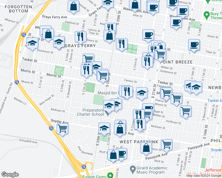 map of restaurants, bars, coffee shops, grocery stores, and more near 1718 South Taylor Street in Philadelphia