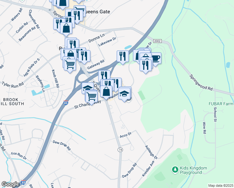 map of restaurants, bars, coffee shops, grocery stores, and more near 114 Pauline Drive in York