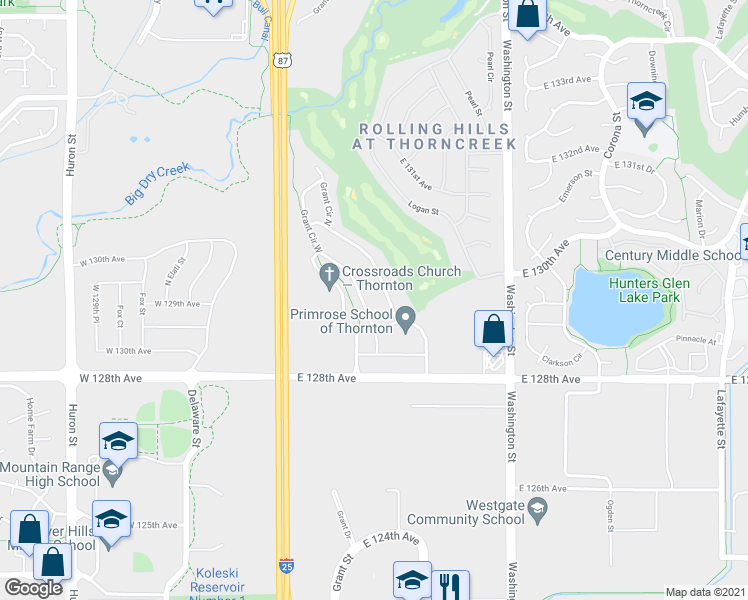 map of restaurants, bars, coffee shops, grocery stores, and more near 12943 Grant Circle East in Denver