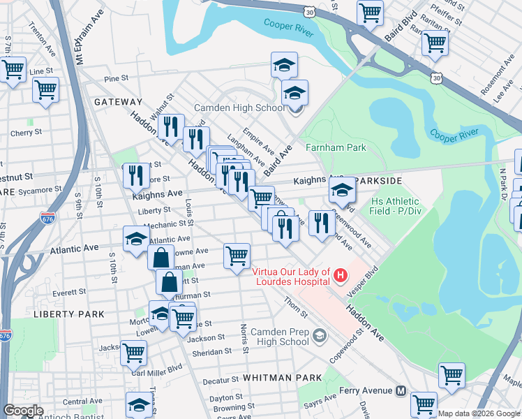 map of restaurants, bars, coffee shops, grocery stores, and more near 1316 Princess Avenue in Camden