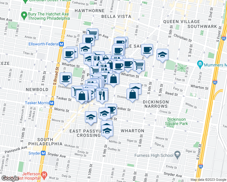 map of restaurants, bars, coffee shops, grocery stores, and more near 1401s South 10th Street in Philadelphia