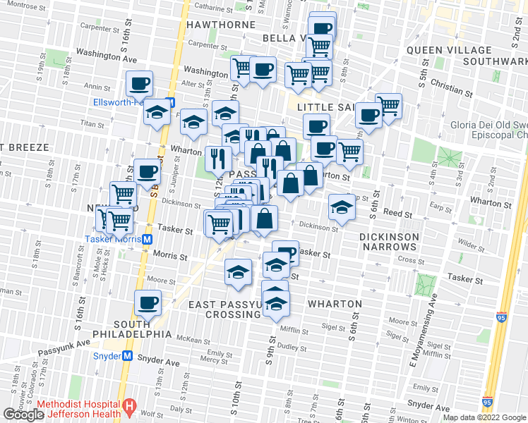 map of restaurants, bars, coffee shops, grocery stores, and more near 1430 East Passyunk Avenue in Philadelphia