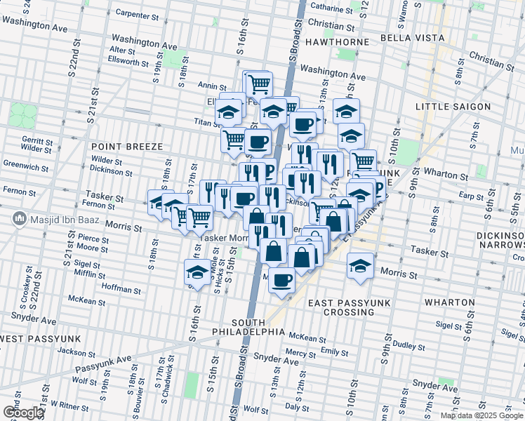 map of restaurants, bars, coffee shops, grocery stores, and more near in Philadelphia