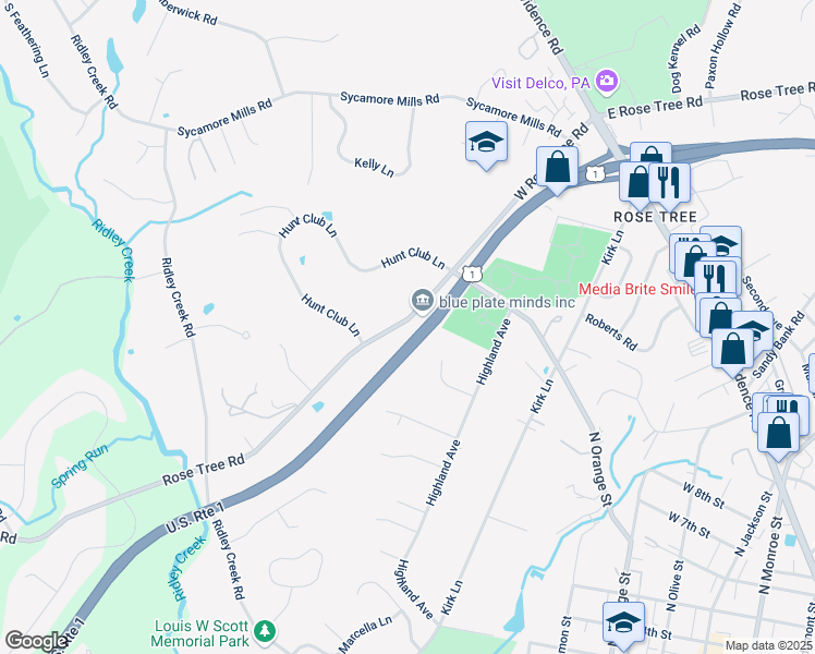 map of restaurants, bars, coffee shops, grocery stores, and more near 260 West Rose Tree Road in Media