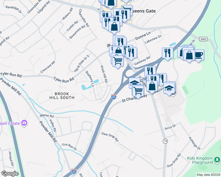 map of restaurants, bars, coffee shops, grocery stores, and more near 205 Wheatfield Way in York