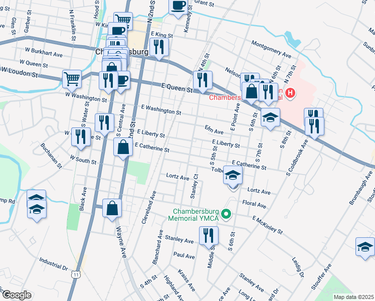 map of restaurants, bars, coffee shops, grocery stores, and more near 320 South 4th Street in Chambersburg