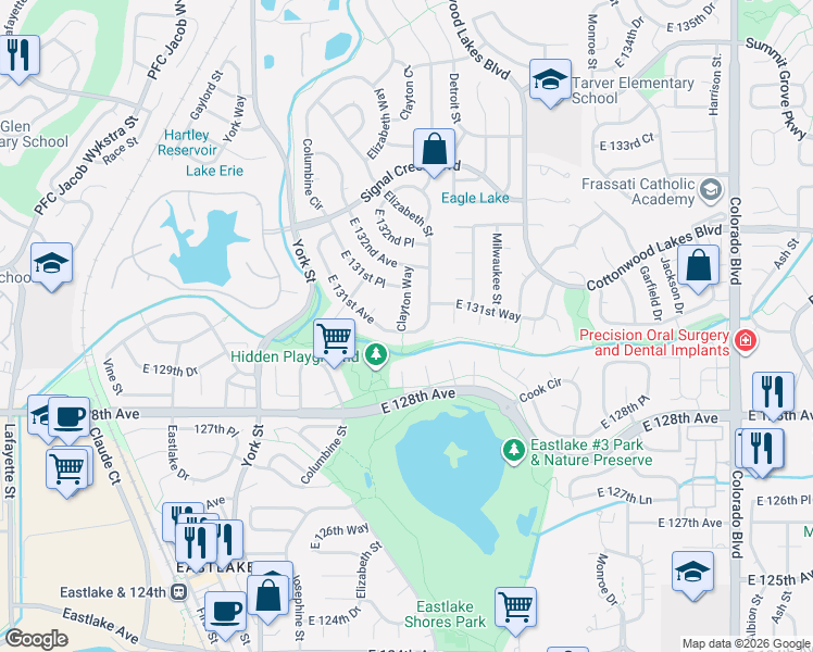 map of restaurants, bars, coffee shops, grocery stores, and more near 2715 East 131st Avenue in Thornton