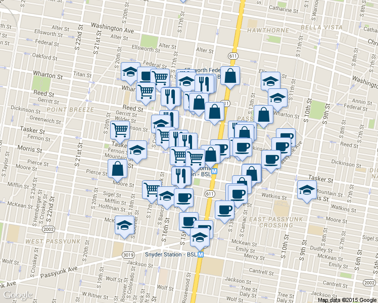 map of restaurants, bars, coffee shops, grocery stores, and more near 1542 South Hicks Street in Philadelphia