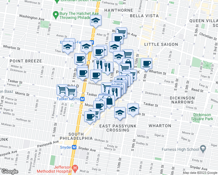 map of restaurants, bars, coffee shops, grocery stores, and more near 1502 South 12th Street in Philadelphia