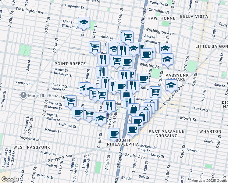 map of restaurants, bars, coffee shops, grocery stores, and more near 1542 South Hicks Street in Philadelphia
