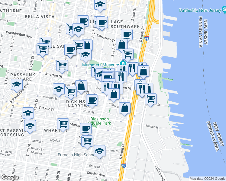 map of restaurants, bars, coffee shops, grocery stores, and more near 1322 South American Street in Philadelphia