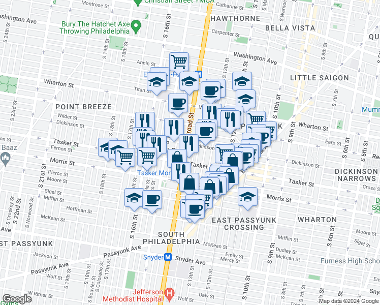 map of restaurants, bars, coffee shops, grocery stores, and more near 1519 South Broad Street in Philadelphia