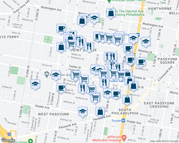 map of restaurants, bars, coffee shops, grocery stores, and more near 1827 Fernon Street in Philadelphia