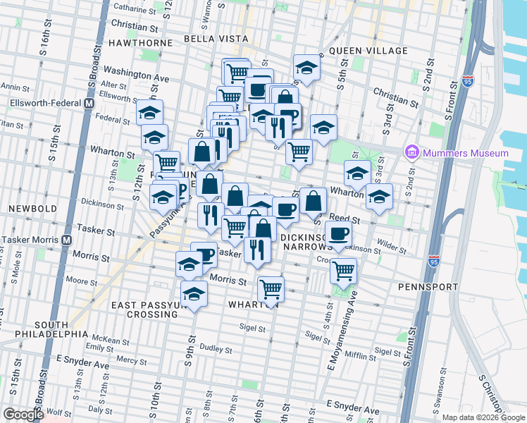 map of restaurants, bars, coffee shops, grocery stores, and more near 1412 South 7th Street in Philadelphia