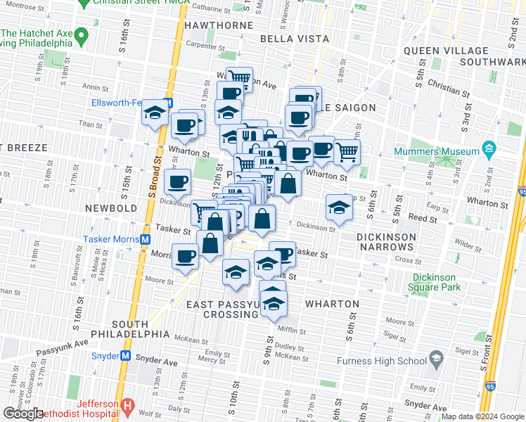 map of restaurants, bars, coffee shops, grocery stores, and more near 1428 South 10th Street in Philadelphia