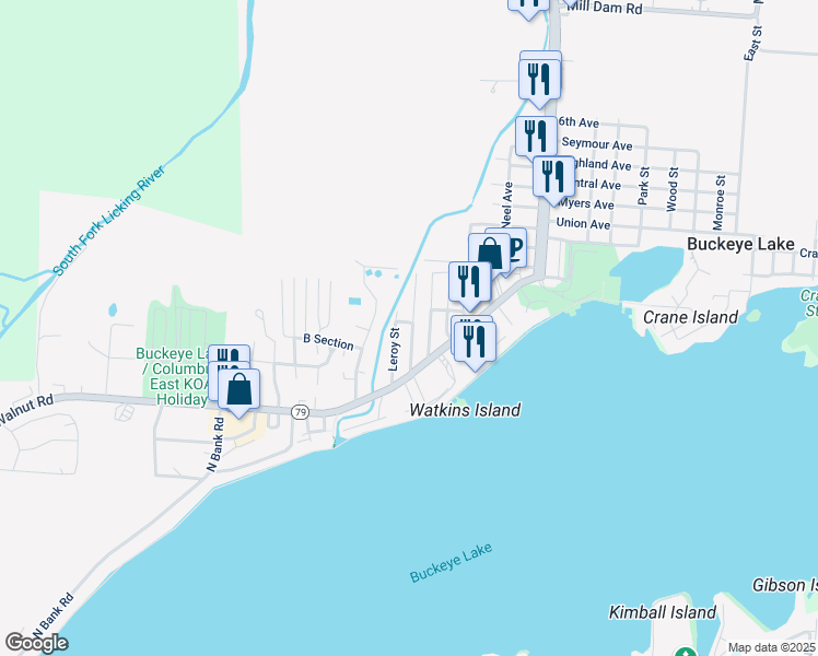 map of restaurants, bars, coffee shops, grocery stores, and more near 110 Smith Street in Buckeye Lake