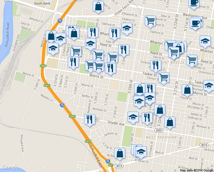 map of restaurants, bars, coffee shops, grocery stores, and more near 2704 Pierce Street in Philadelphia