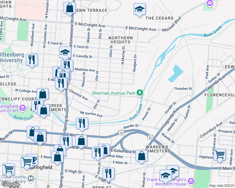 map of restaurants, bars, coffee shops, grocery stores, and more near 614 Sherman Avenue in Springfield