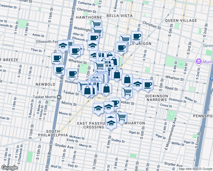 map of restaurants, bars, coffee shops, grocery stores, and more near 1428 South 10th Street in Philadelphia