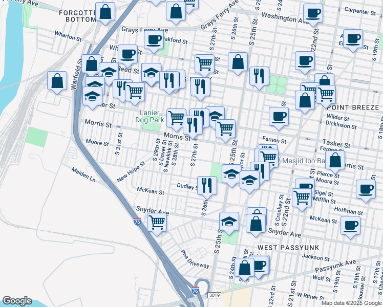 map of restaurants, bars, coffee shops, grocery stores, and more near 2704 Pierce Street in Philadelphia
