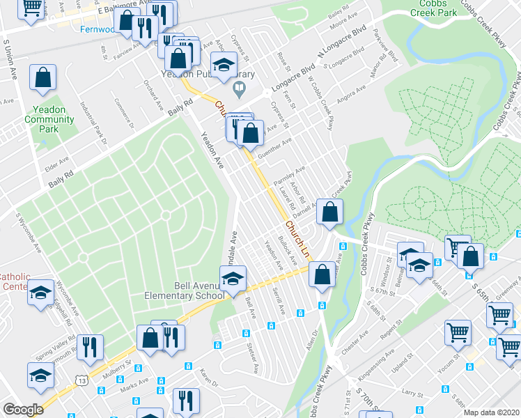 map of restaurants, bars, coffee shops, grocery stores, and more near 816 Bullock Avenue in Lansdowne