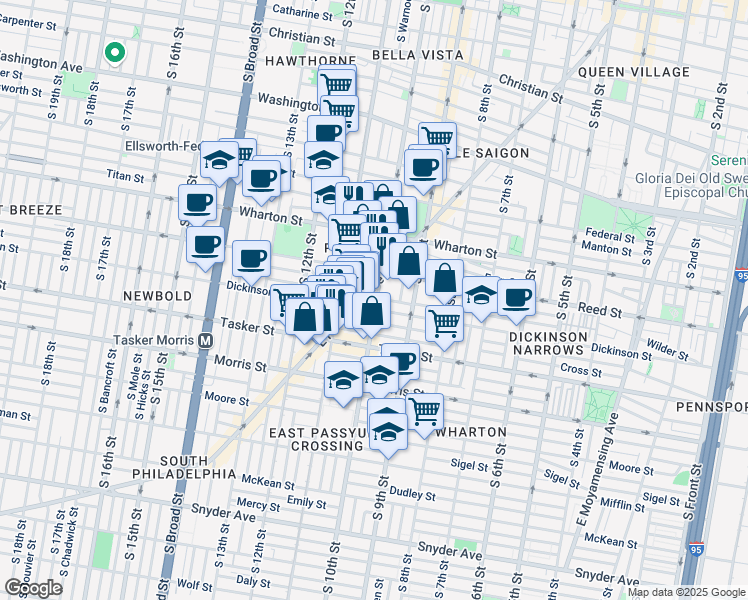 map of restaurants, bars, coffee shops, grocery stores, and more near 1428 South 10th Street in Philadelphia