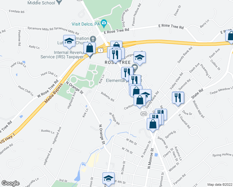 map of restaurants, bars, coffee shops, grocery stores, and more near 1095 Roberts Road in Media