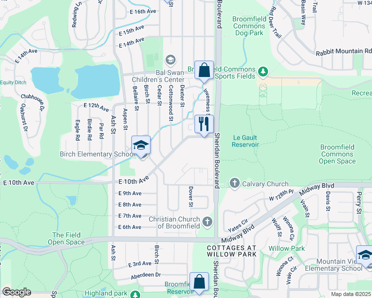 map of restaurants, bars, coffee shops, grocery stores, and more near 1110 East 10th Avenue in Broomfield