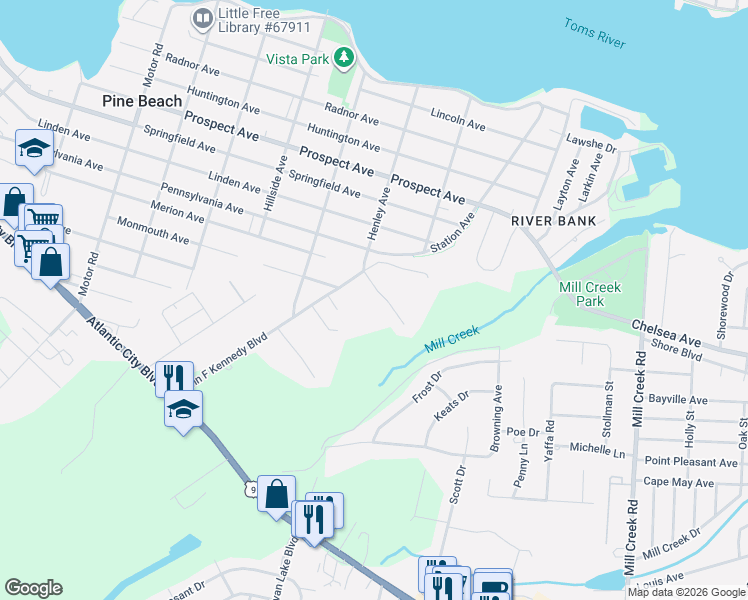 map of restaurants, bars, coffee shops, grocery stores, and more near 4 Country Woods Lane in Pine Beach