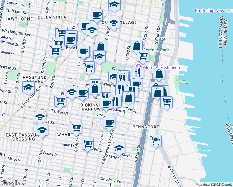 map of restaurants, bars, coffee shops, grocery stores, and more near 314 Earp Street in Philadelphia
