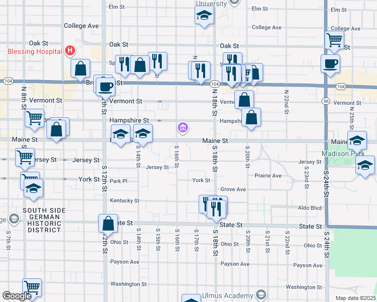 map of restaurants, bars, coffee shops, grocery stores, and more near 1624 Maine Street in Quincy