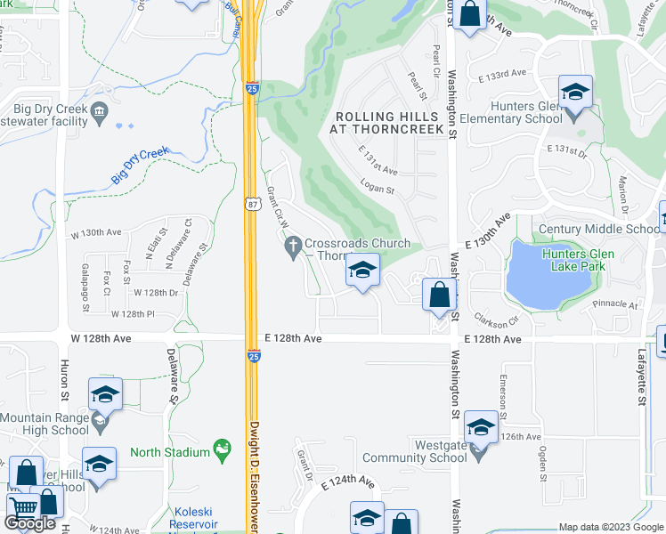 map of restaurants, bars, coffee shops, grocery stores, and more near 12929 Grant Circle East in Thornton