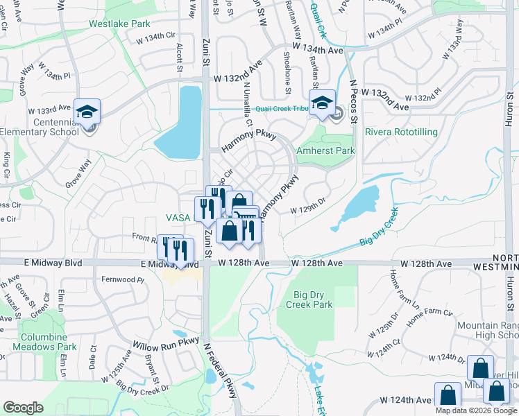 map of restaurants, bars, coffee shops, grocery stores, and more near 12911 Harmony Parkway in Westminster