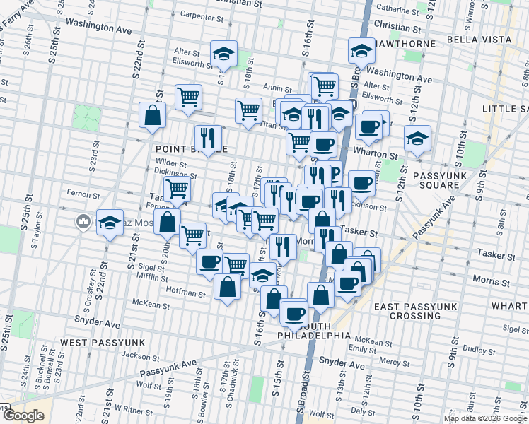 map of restaurants, bars, coffee shops, grocery stores, and more near 1537 South Chadwick Street in Philadelphia