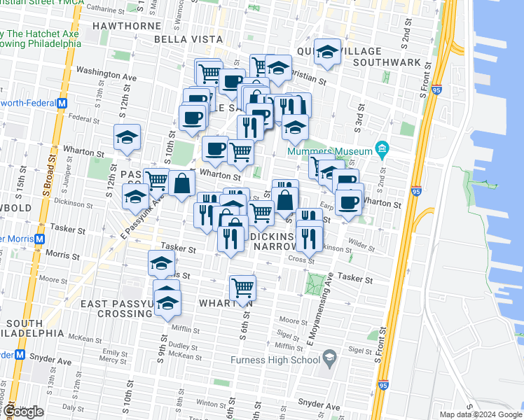 map of restaurants, bars, coffee shops, grocery stores, and more near 1400 South 6th Street in Philadelphia
