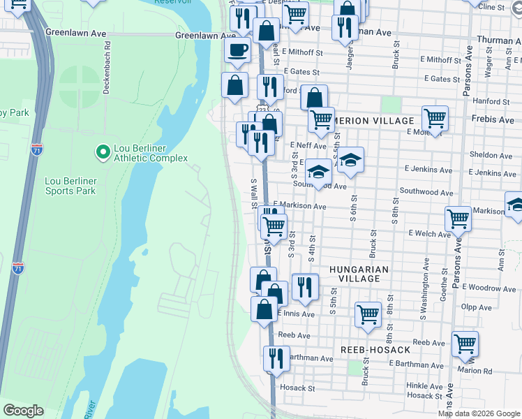map of restaurants, bars, coffee shops, grocery stores, and more near 20 South Wall Street in Columbus