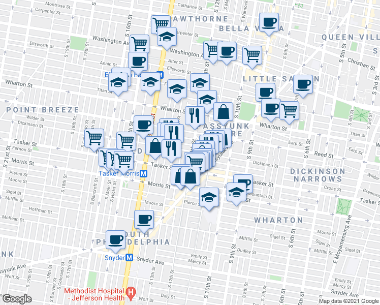map of restaurants, bars, coffee shops, grocery stores, and more near 1500 South 12th Street in Philadelphia