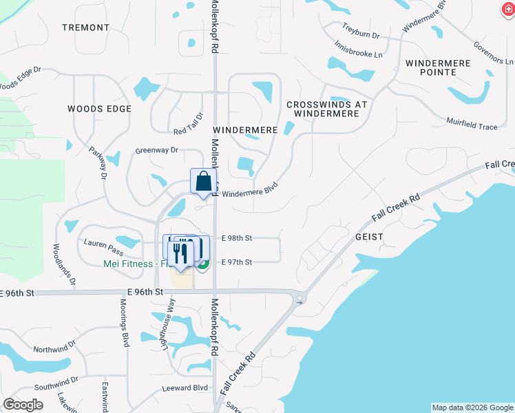 map of restaurants, bars, coffee shops, grocery stores, and more near 9990 Crosswinds Drive in Fishers