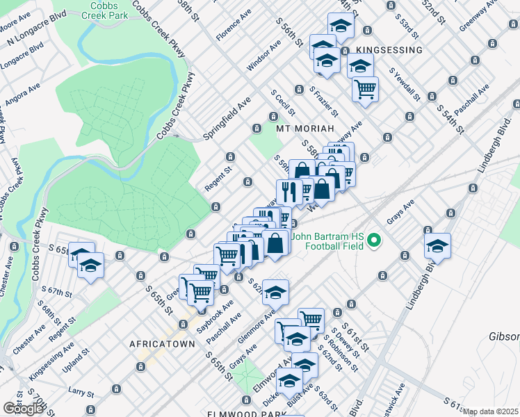 map of restaurants, bars, coffee shops, grocery stores, and more near 6017 Greenway Avenue in Philadelphia