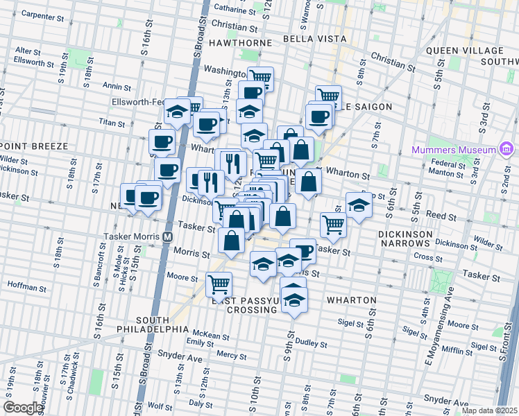 map of restaurants, bars, coffee shops, grocery stores, and more near 1101 Gerritt Street in Philadelphia