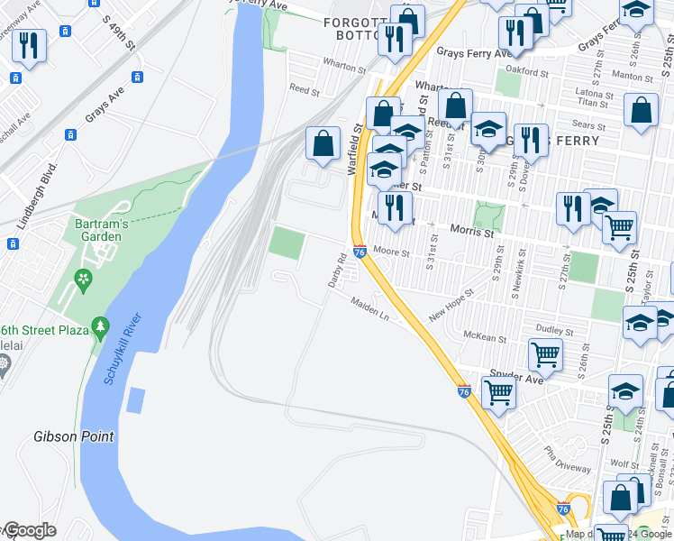 map of restaurants, bars, coffee shops, grocery stores, and more near 1898 South 34th Street in Philadelphia